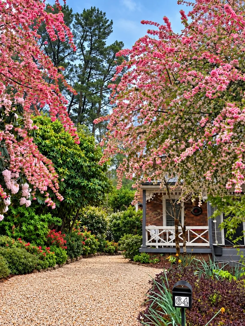 Flowering trees and gardens welcoming guests to the cottage