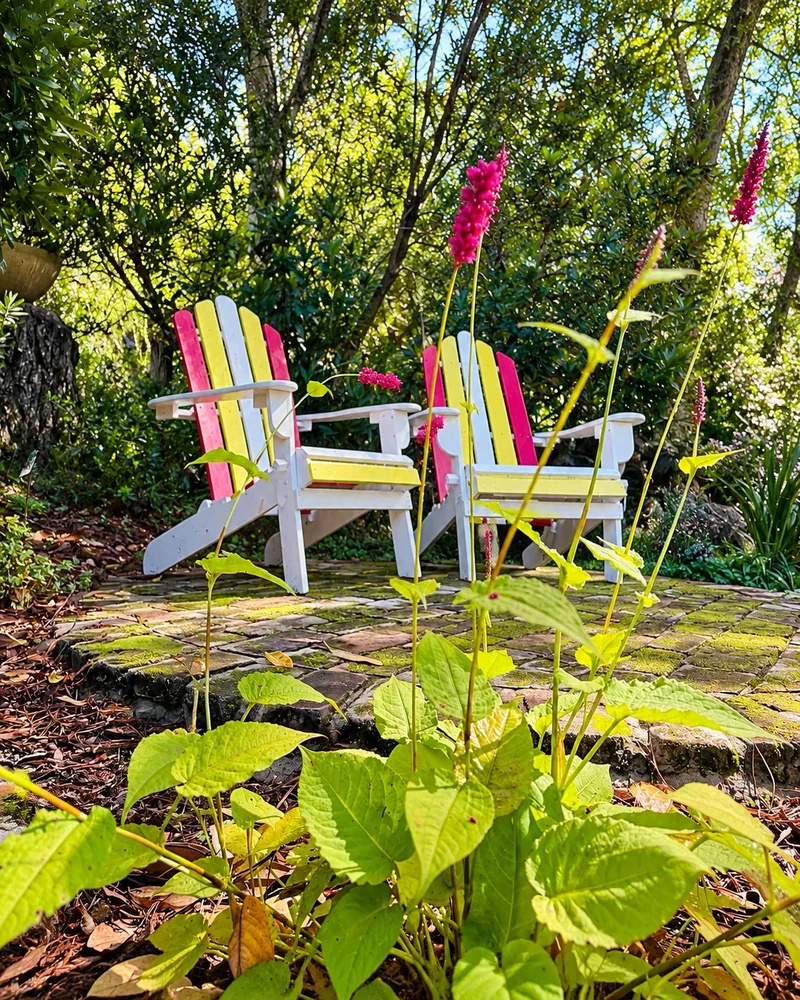 Colourful chairs in the cottage garden